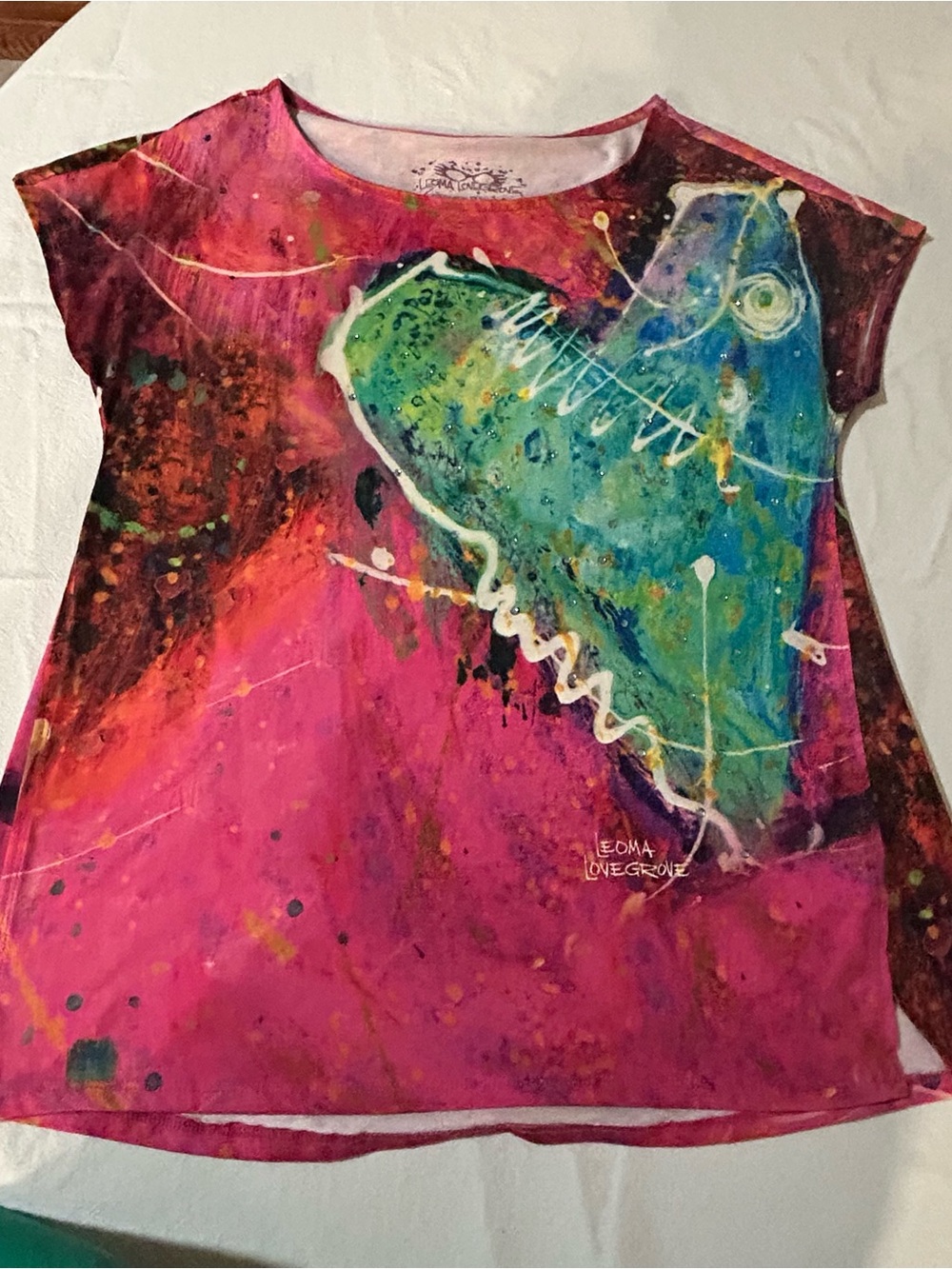Artistic Pink & Teal Heart Print Women’s Tee
